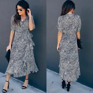 Vici Lovestitch Black Gray Snakeskin Print Gold Metallic Midi Wrap Dress Small